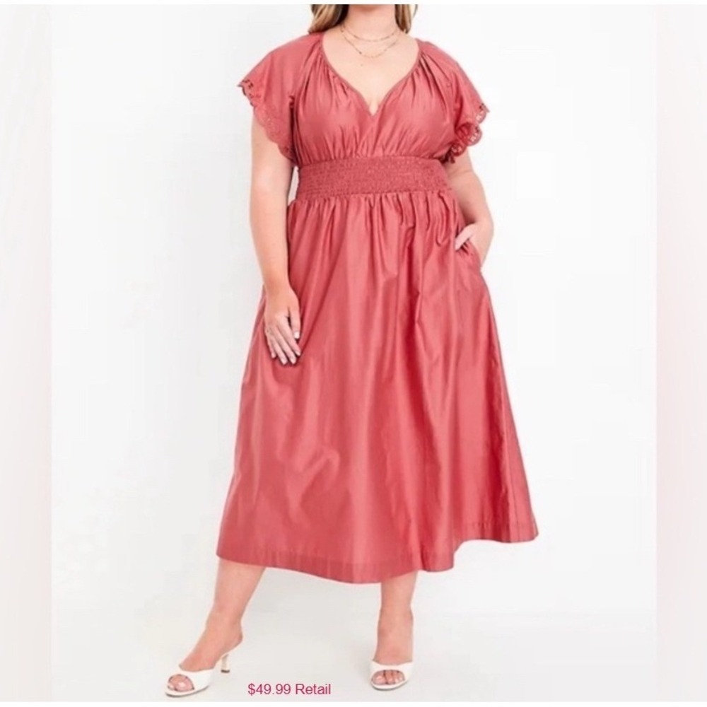 OLD NAVY Waist-Defined Midi Dress XL Petite 100% Cotton Pink Cottagecore Boho